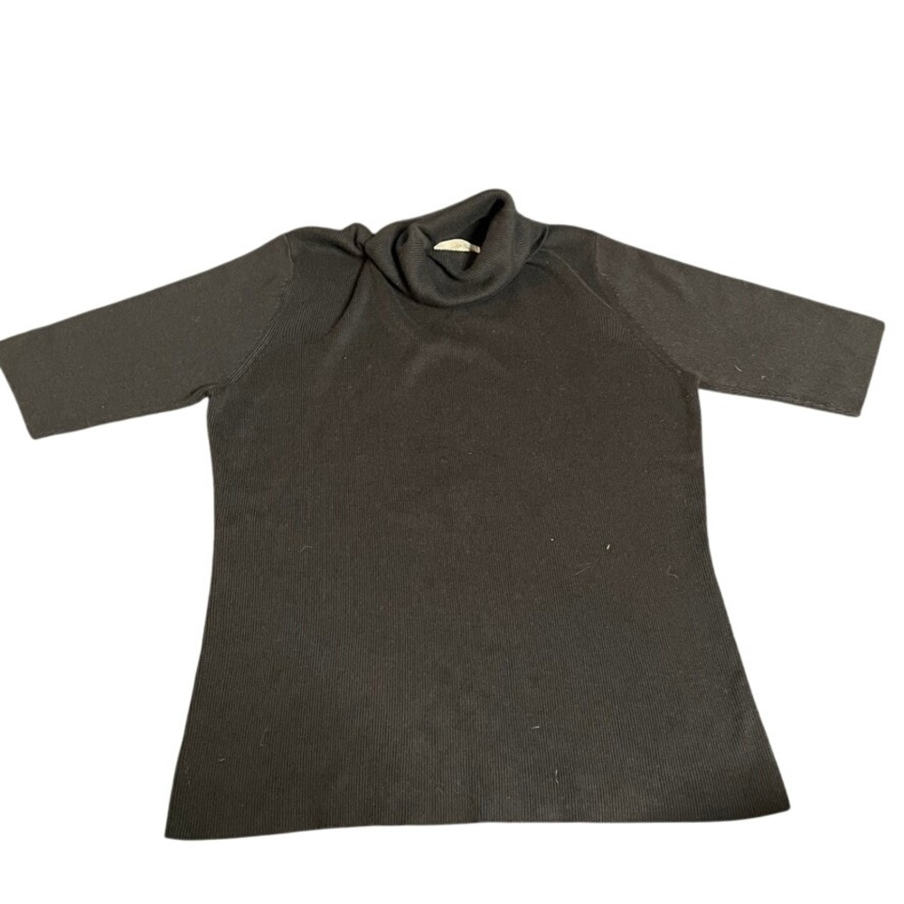 Amanda Smith Black Ribbed Short Sleeve Turtleneck Sweater Medium Rayon Cotton